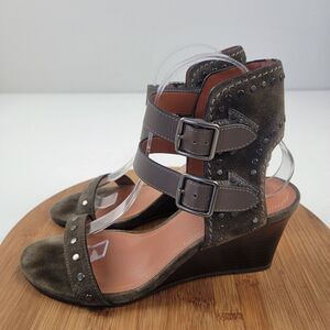Coach Odessa Leather Suede Wedge 8.5 B Olive Green Buckle 2 Strap Heels